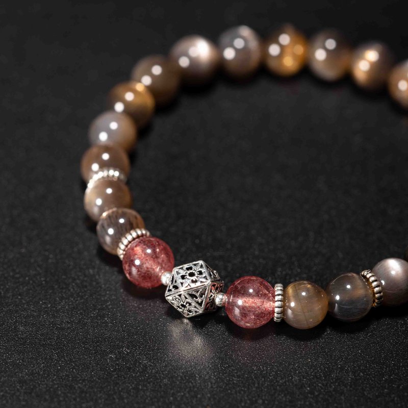 黑骨干太阳石草莓晶925纯银手链 | 黑色天然水晶手链礼物 - 手链/手环 - 半宝石 咖啡色