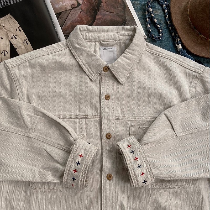 MajorFolk 日系复古 手绘双色十字 象牙白色秋冬男长袖衬衫夹克 - 男装衬衫 - 棉．麻 