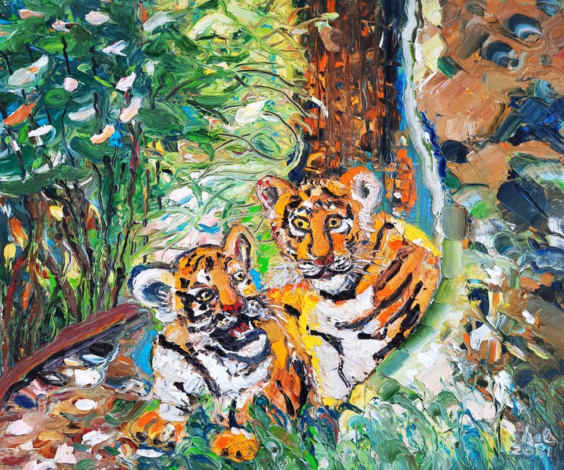 Tigers Painting Original Art Impasto Oil Painting Animal Art Palette Knife - 墙贴/壁贴 - 其他材质 橘色