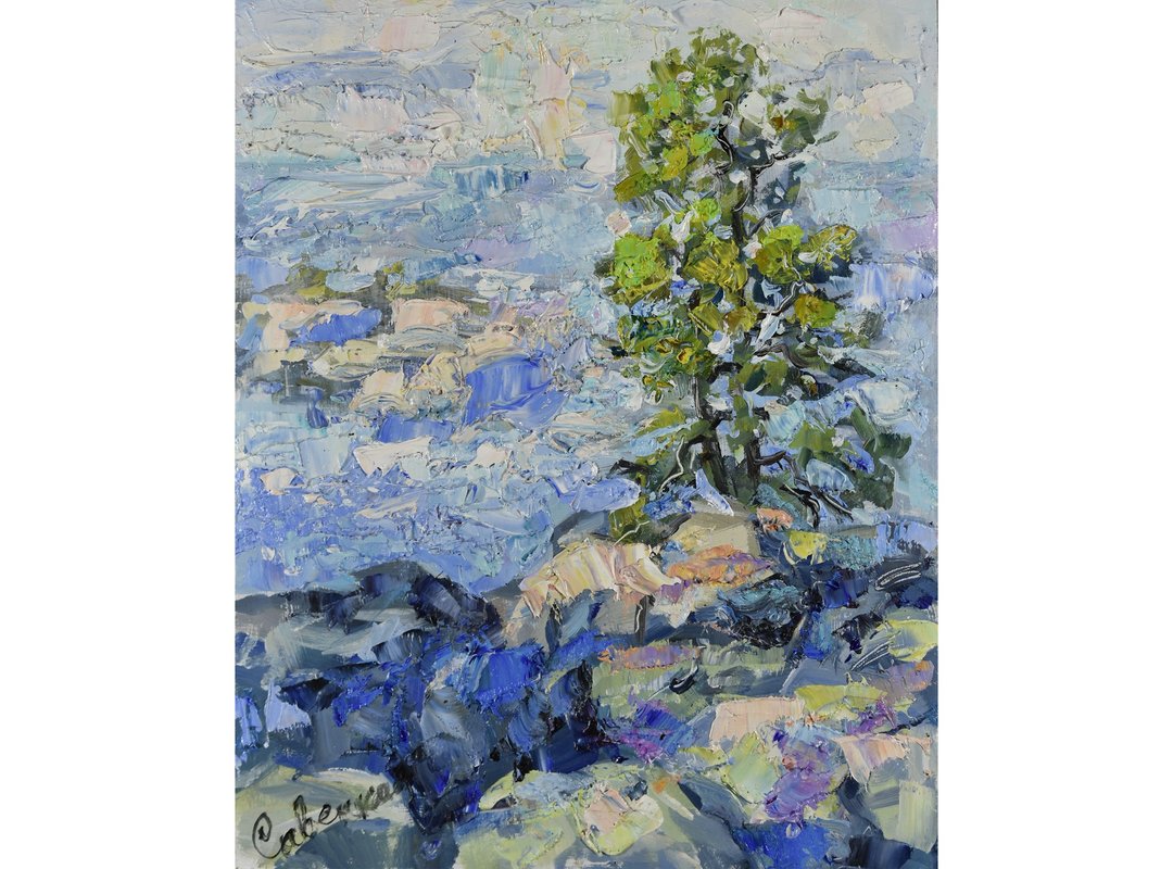 Sea Painting Landscape Original Art Rocky Coast Trees Small Artwork Nature - 海报/装饰画/版画 - 木头 多色