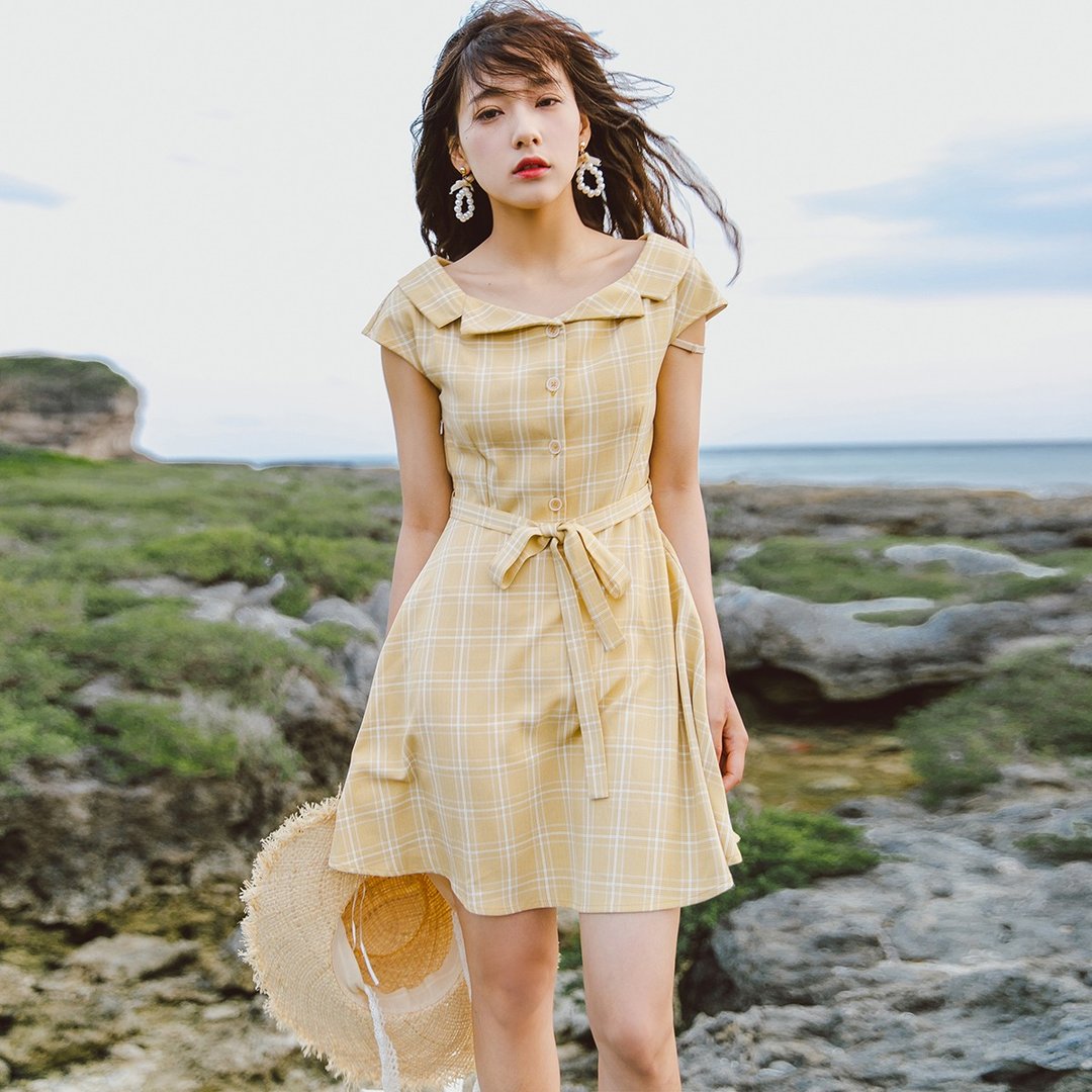 安妮陈2018夏装新款文艺女装西装领格子连身裙洋装 - 洋装/连衣裙 - 其他人造纤维 黄色