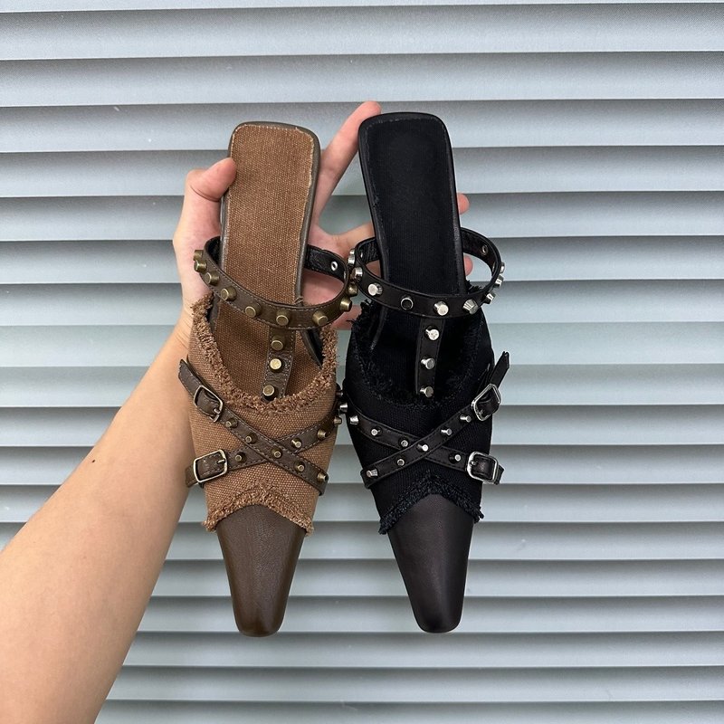 I'm cookie原创小众废土风外穿高跟拖鞋时尚感铆钉高跟凉鞋 - 高跟鞋 - 其他材质 