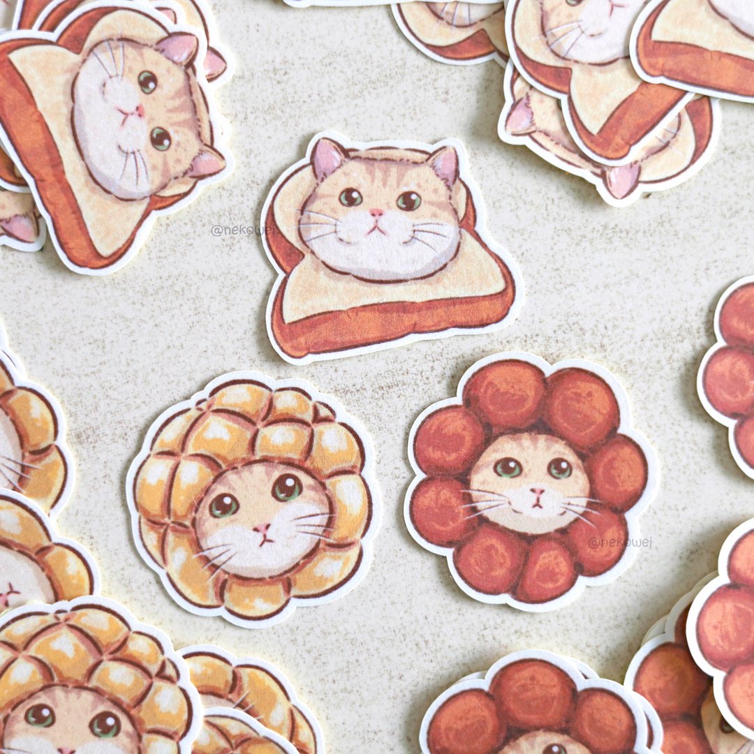 面包三兄弟 猫咪 贴纸 面包头套 迷因 猫猫 可爱 插画 日系 - 贴纸 - 纸 橘色