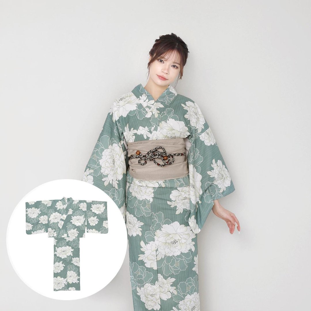 日本 和服 女性 两件式 浴衣 腰封 套组 F size x14h-19 - 其他 - 棉 绿色