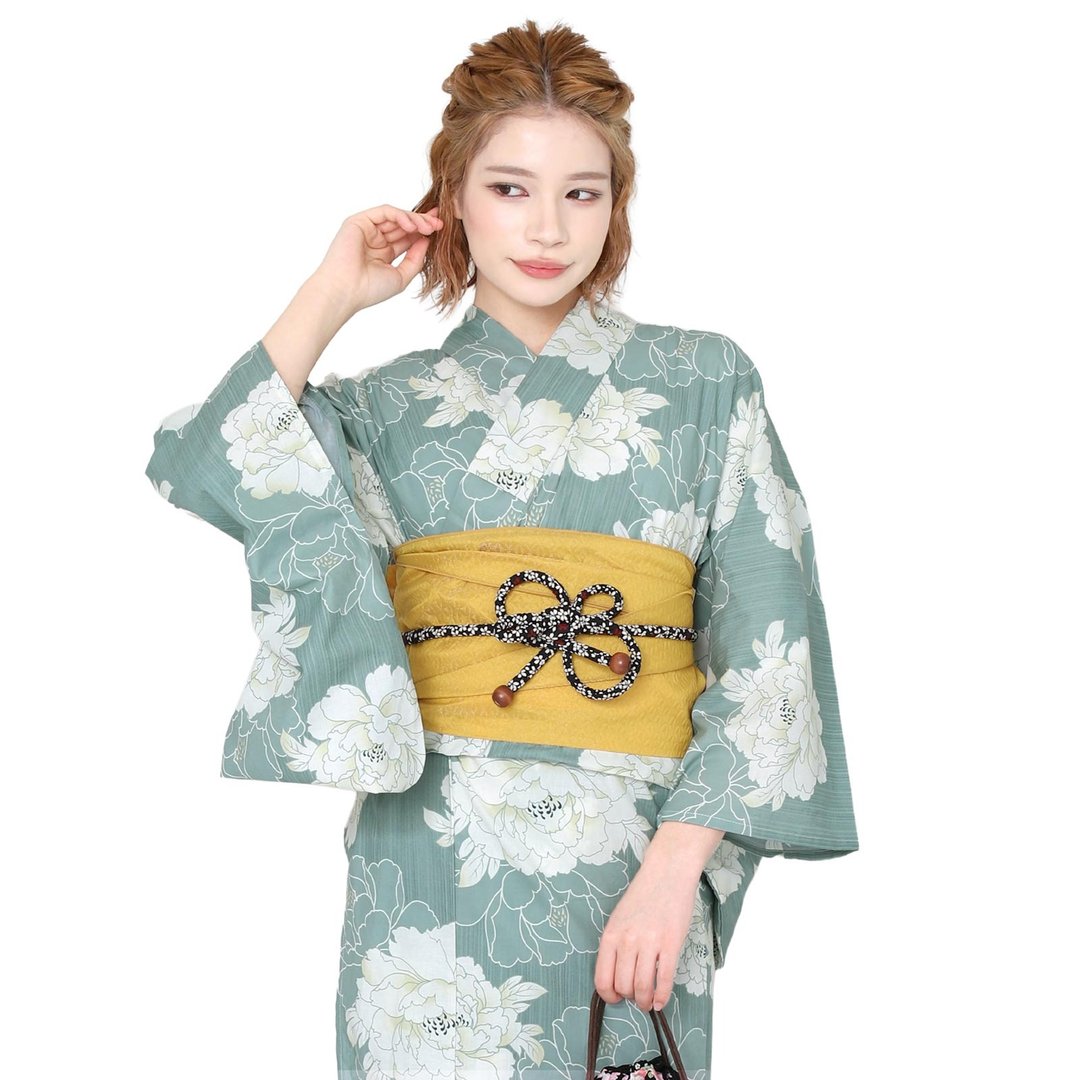 日本 和服 女性 两件式 浴衣 腰封 套组 F size x14h-19 - 其他 - 棉 绿色