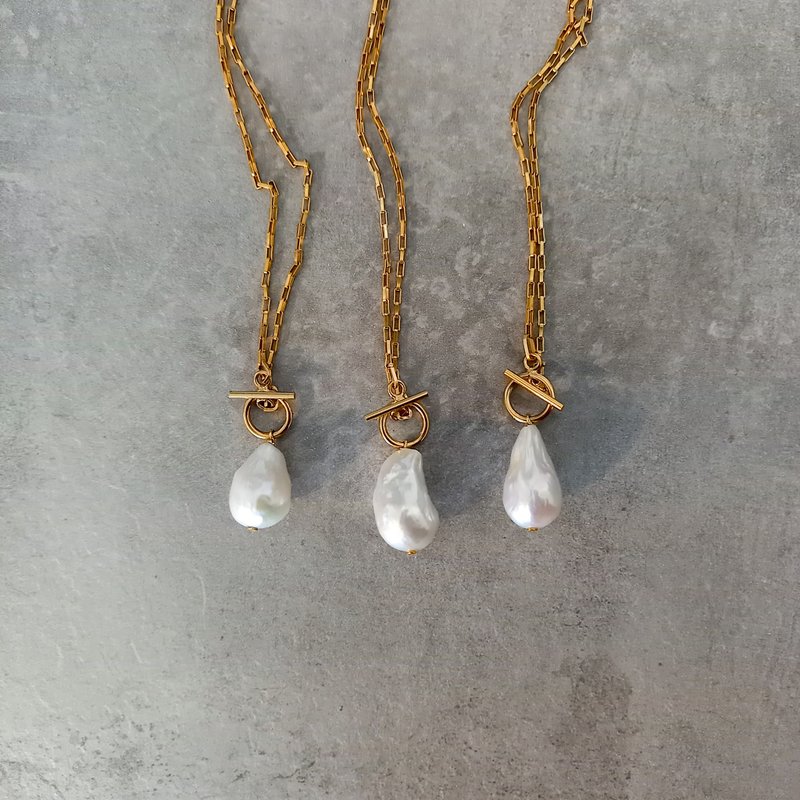 14kgf*Baroque Pearls square chains necklace - 锁骨链 - 珍珠 金色