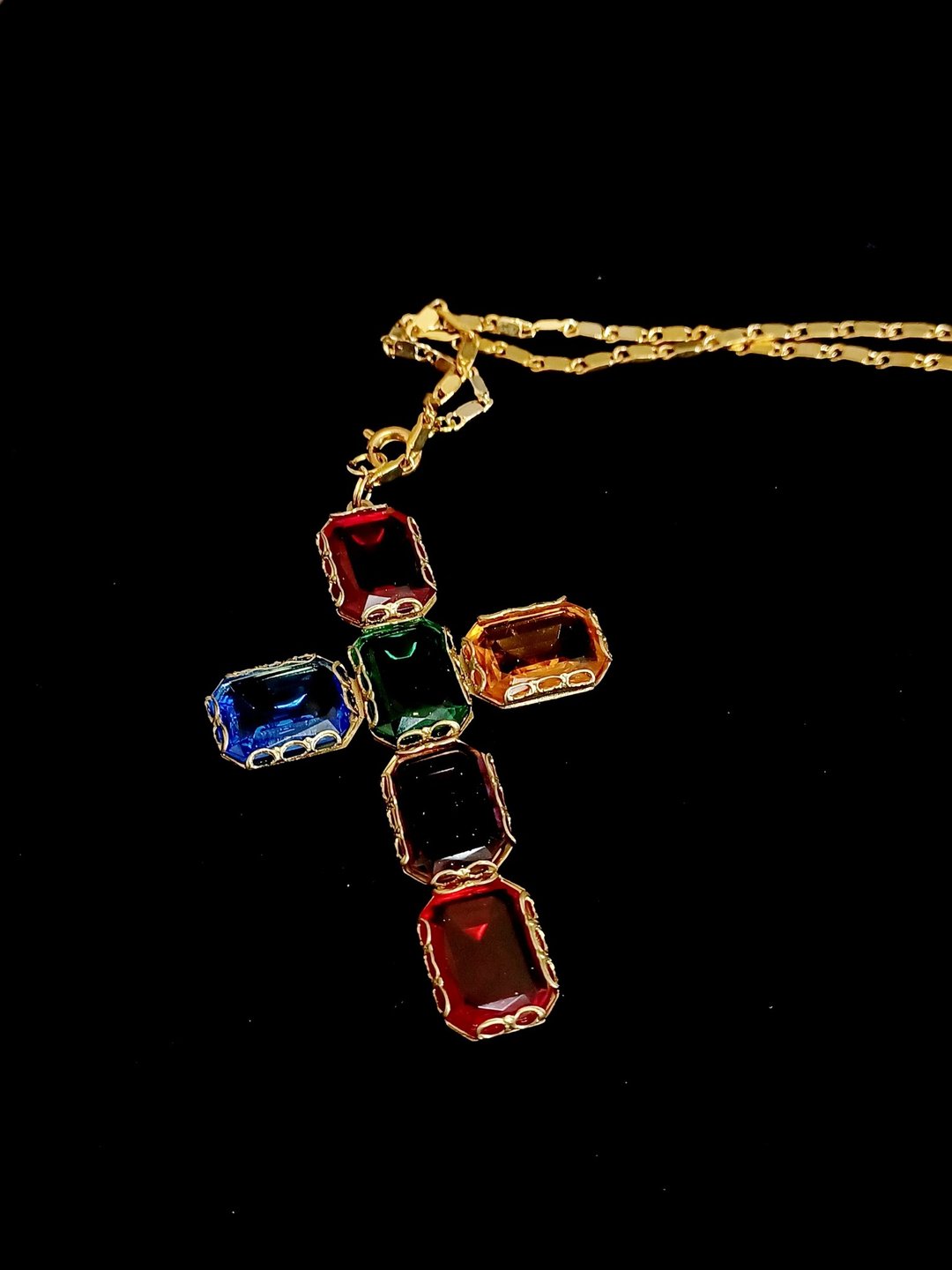 vintage jewelry  古典彩色玻璃十字架 项链 - 项链 - 其他金属 