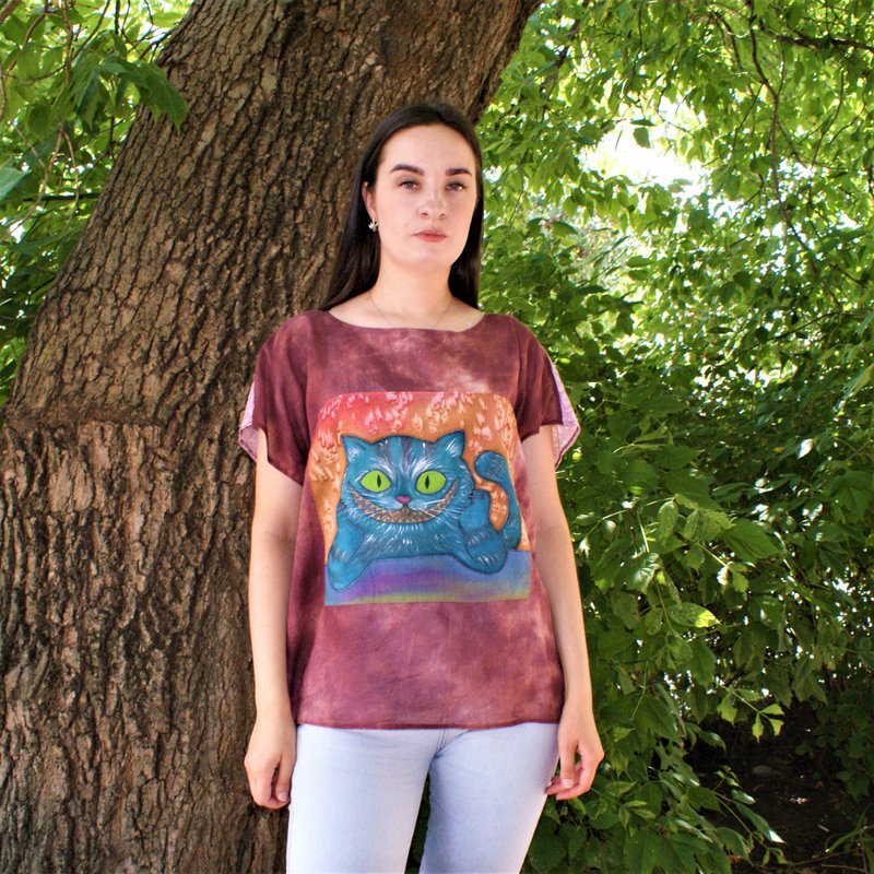 Cotton tunic hand-painted Art loose clothing Plus size tunic with cat T-shirt - 女装衬衫 - 棉．麻 咖啡色