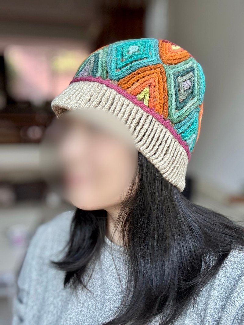 童/成人圣诞礼物/南美洲秘鲁100%纯羊驼毛手工帽米白菱格彩色民族 - 帽子 - 羊毛 多色