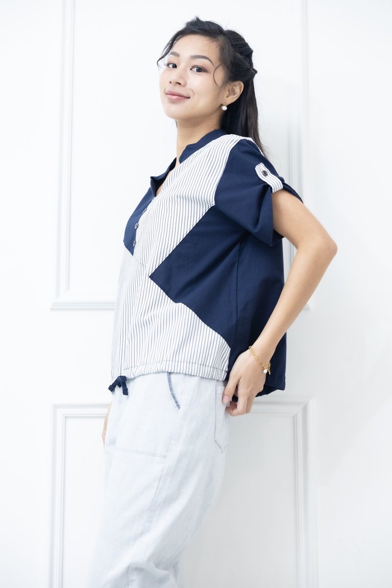 部分黑色直线条下摆抽绳上衣 蓝色 - 女装 T 恤 - 其他材质 蓝色