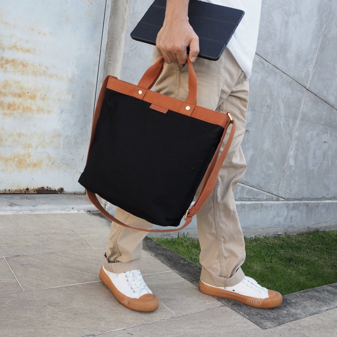TWO TONE - Canvas Bag + 11inch Tablet Compartment, Cotton, Crossbody, Black - 其他 - 棉 黑色