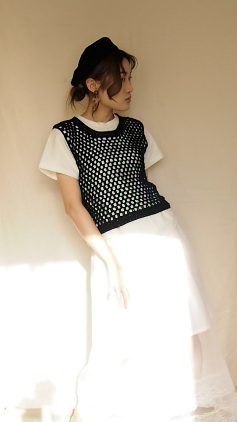 夏季透气 | 手钩贝雷帽子 手工编织外搭背心 百搭纯黑 - 帽子 - 棉．麻 黑色