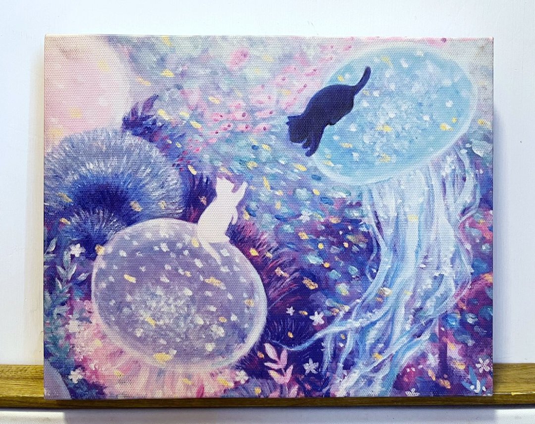黑白猫神秘之旅插画复制无框画油画布连木框 - 海报/装饰画/版画 - 颜料 蓝色