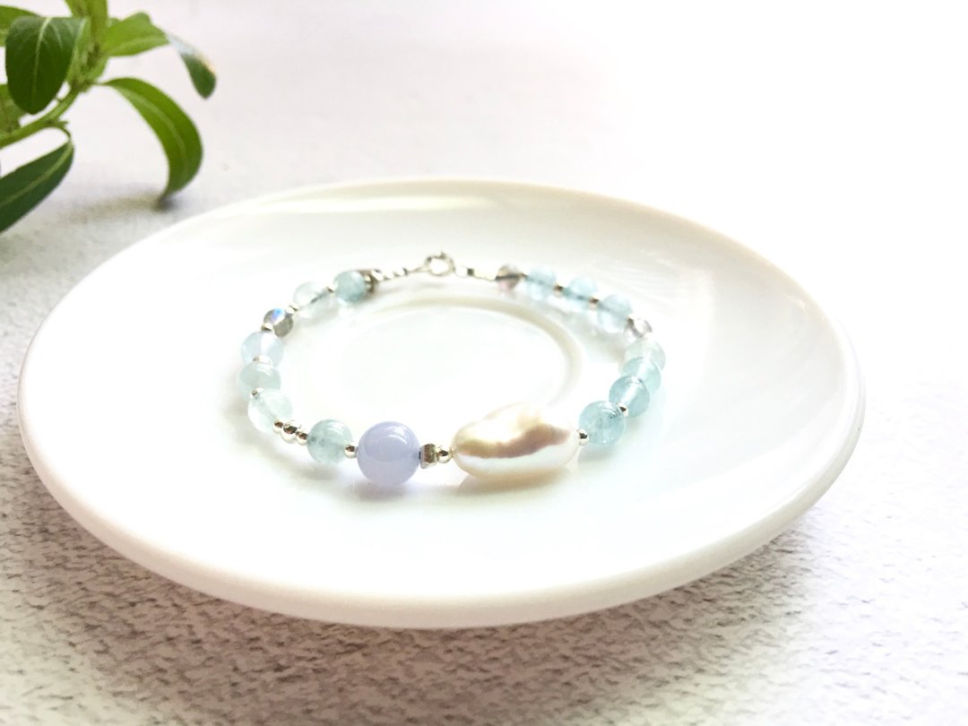 Ops Blue Lace Agate bracelet-蓝纹玛瑙/纾压/拉长石/海水篮宝 - 手链/手环 - 宝石 蓝色