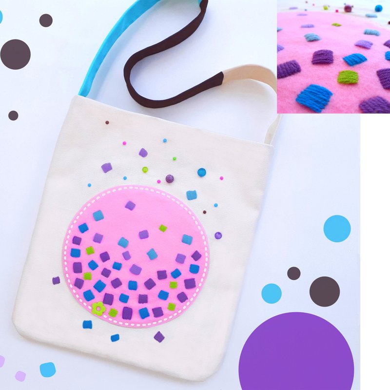 手工刺绣 可爱手工托特包 14oz 帆布包 设计时尚 尺寸 12x13.5 英寸 - 手提包/手提袋 - 其他材质 粉红色