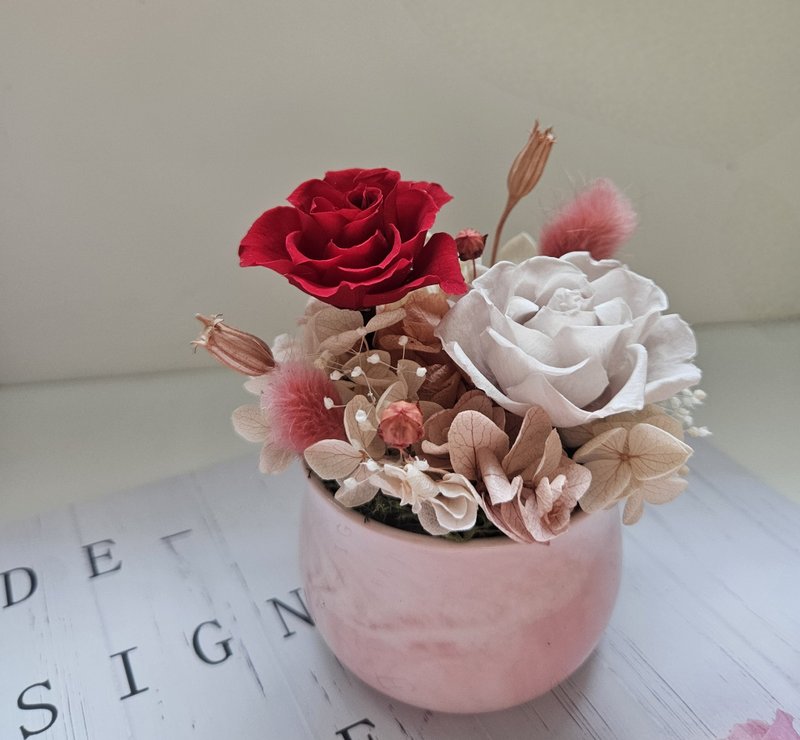 红色浅灰永生小桌花 柔和高雅 永生玫瑰花礼 干燥花 - 干燥花/捧花 - 植物．花 红色