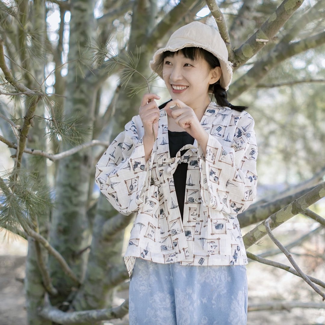 日系仙女和风开衫 羽织印花和服空调衫 - 女装上衣 - 羊毛 白色