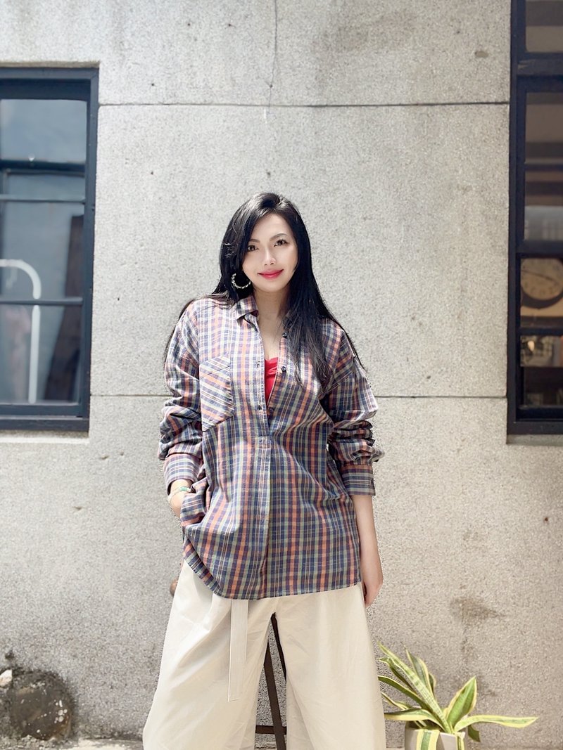 60s-70s Europe pull over shirt 绿格纹欧洲法兰绒格纹长版衬衫 - 女装衬衫 - 棉 多色