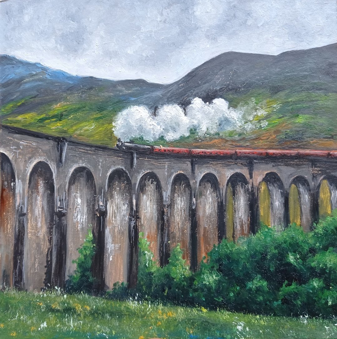 苏格兰 火车  桥 风景挂画 原画 装饰画 手绘绘画  家居装饰画 - 海报/装饰画/版画 - 其他材质 绿色