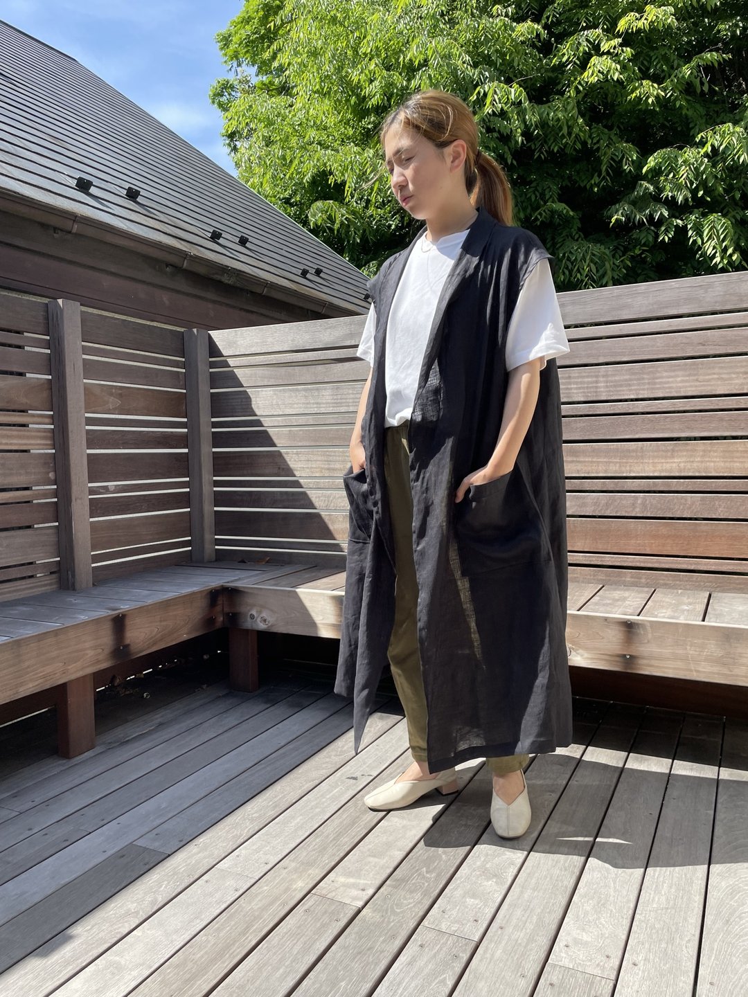 亚麻长版无袖外套 (黑色) - 其他 - 棉 黑色