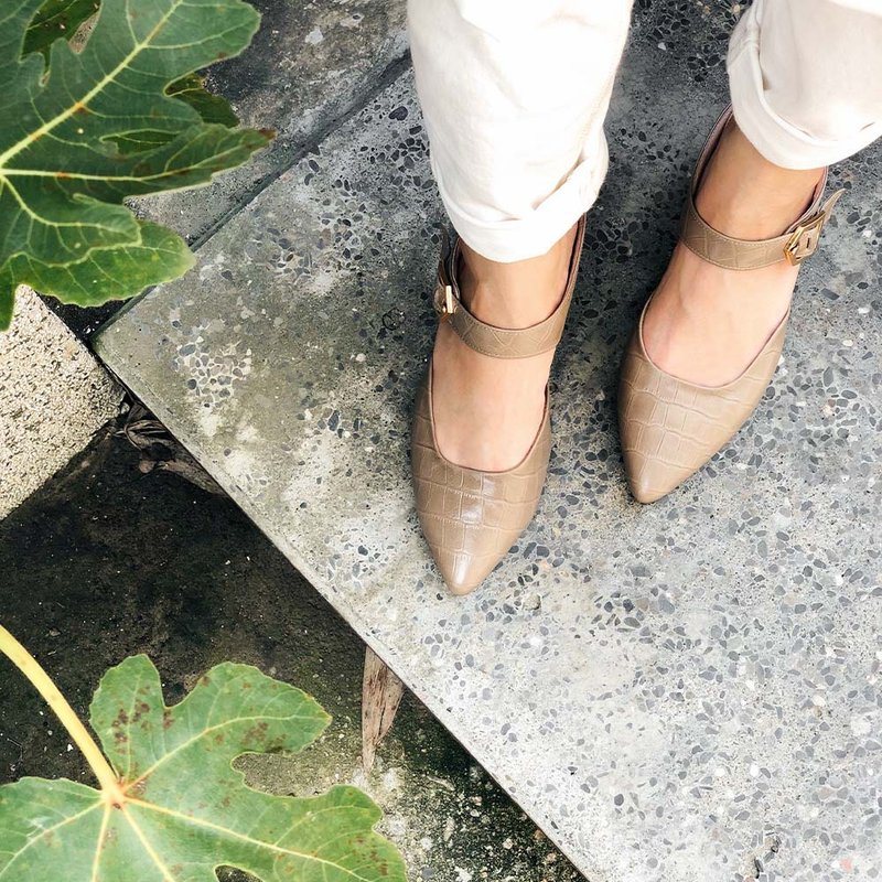 复古小时代 ( 鳄鱼纹 )  尖头粗跟穆勒鞋 - 穆勒鞋 - 真皮 卡其色