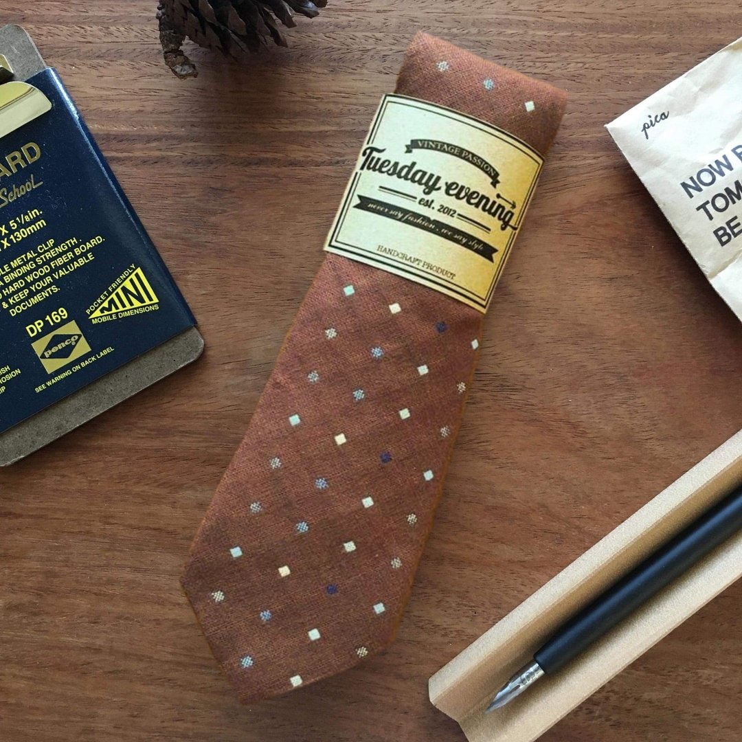Necktie Red Brown Dot Square - 领带/领带夹 - 棉 咖啡色
