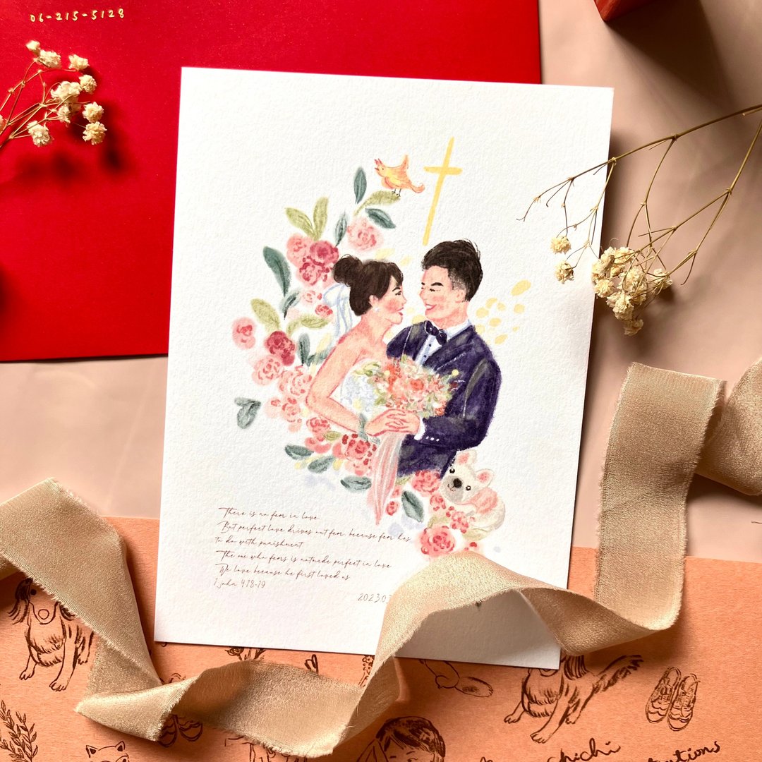 【定制】明信片式似颜绘插画喜帖 13x18厘米 双面设计 印刷另计 - 喜帖 - 纸 蓝色
