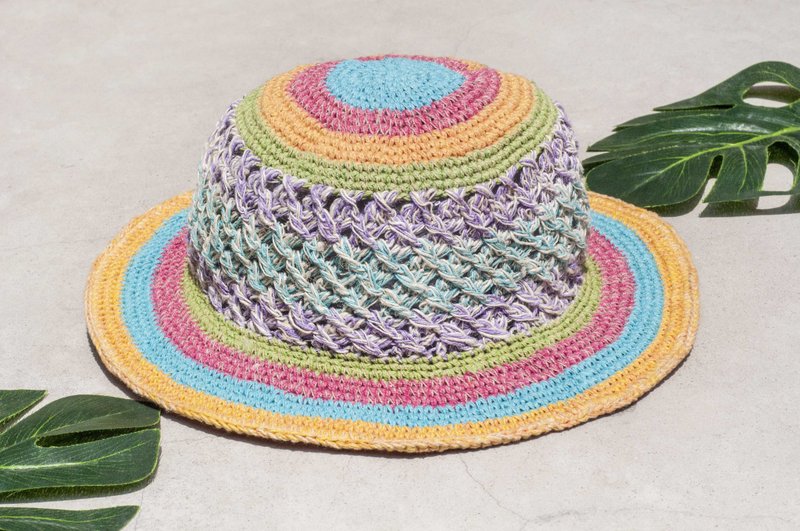  七夕情人节礼物 限量一件 沙漠旅行风 编织棉麻帽/编织帽/渔夫帽/遮阳帽/草帽/手工编织棉麻帽/钩织棉麻帽/画家帽/设计帽-  摩洛哥风 棉花糖蛋糕 条纹镂空 - 帽子 - 棉．麻 多色