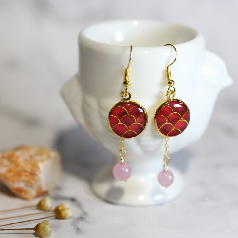 100%手工制景泰蓝工艺金丝珐琅耳环饰物拼色耳勾 - 耳环/耳夹 - 半宝石 红色