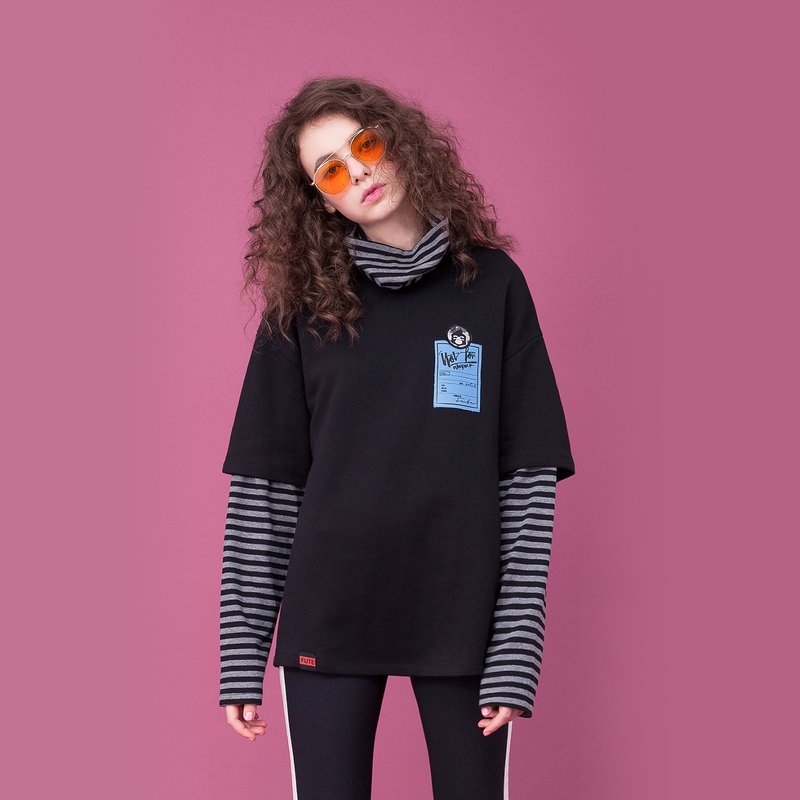 【出清品】中性款 假两件高领长袖上衣 / 黑色 - 女装上衣 - 棉．麻 黑色