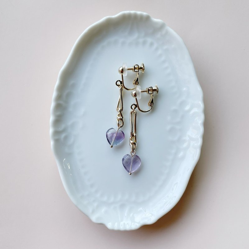 Fluorite petit heart Clip-On clear purple - 耳环/耳夹 - 半宝石 紫色