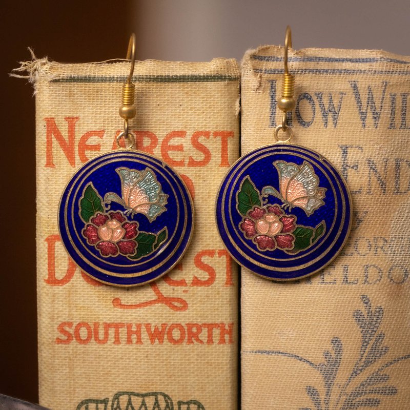 美国古董 景泰蓝 铜胎珐琅工艺 宝蓝色蝴蝶与花 镀金耳勾 - 耳环/耳夹 - 珐琅 蓝色