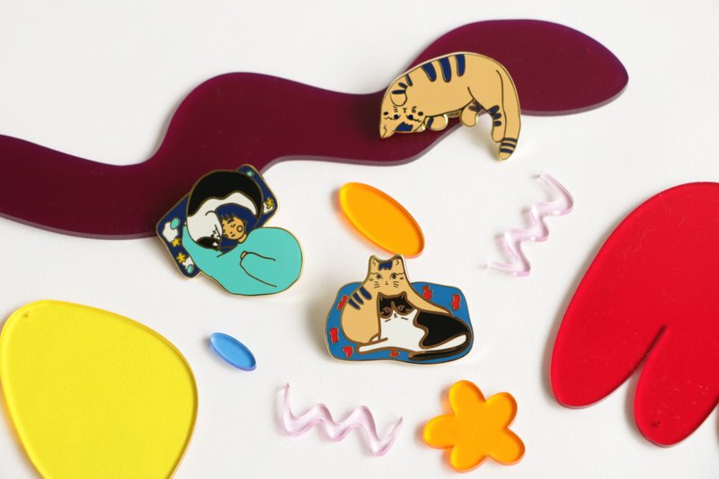 猫咪 橘猫 猫奴日常插画别针 - 胸针 - 其他金属 多色