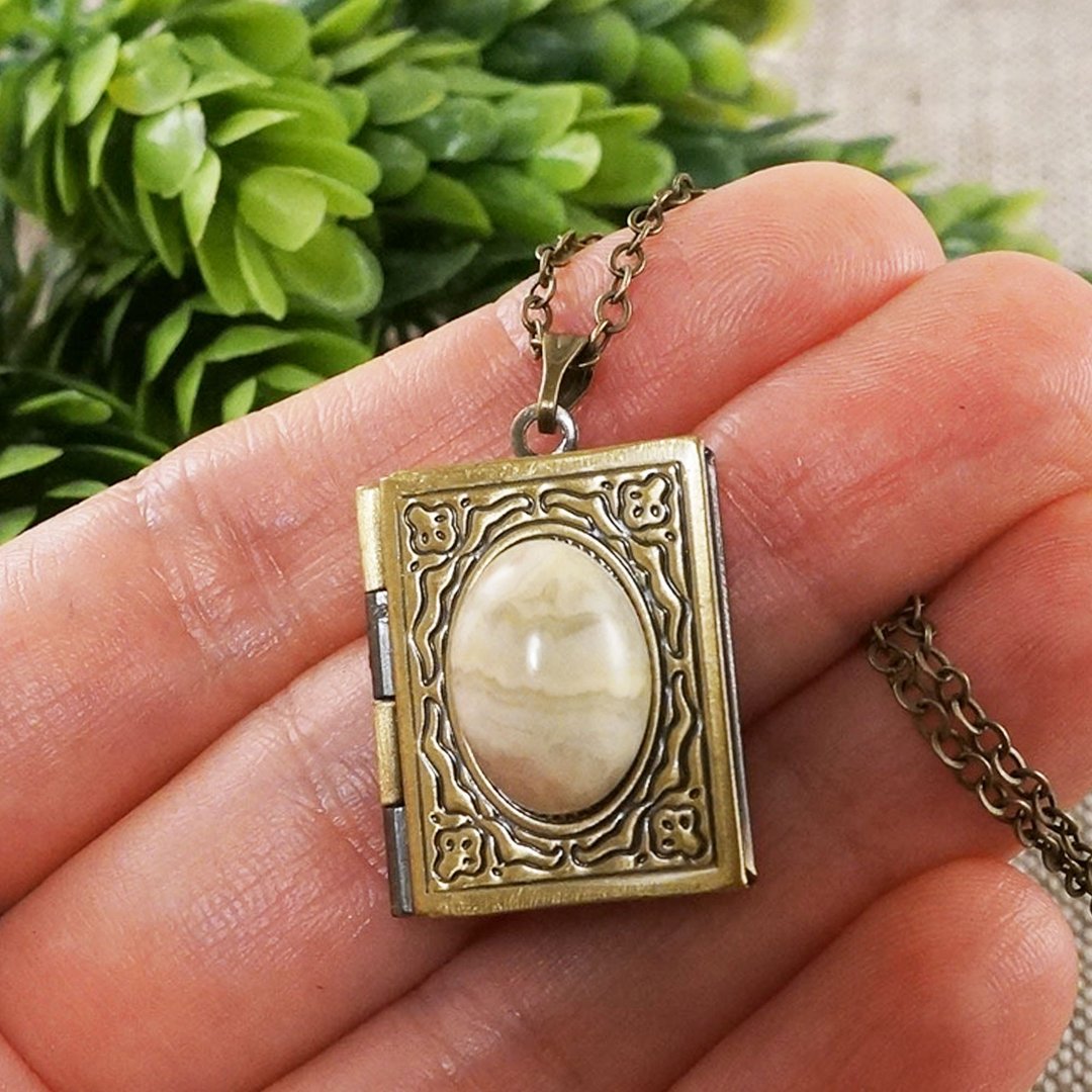 Beige Agate Bronze Rectangle Book Photo Locket Pendant Necklace Woman Jewelry - 项链 - 半宝石 卡其色