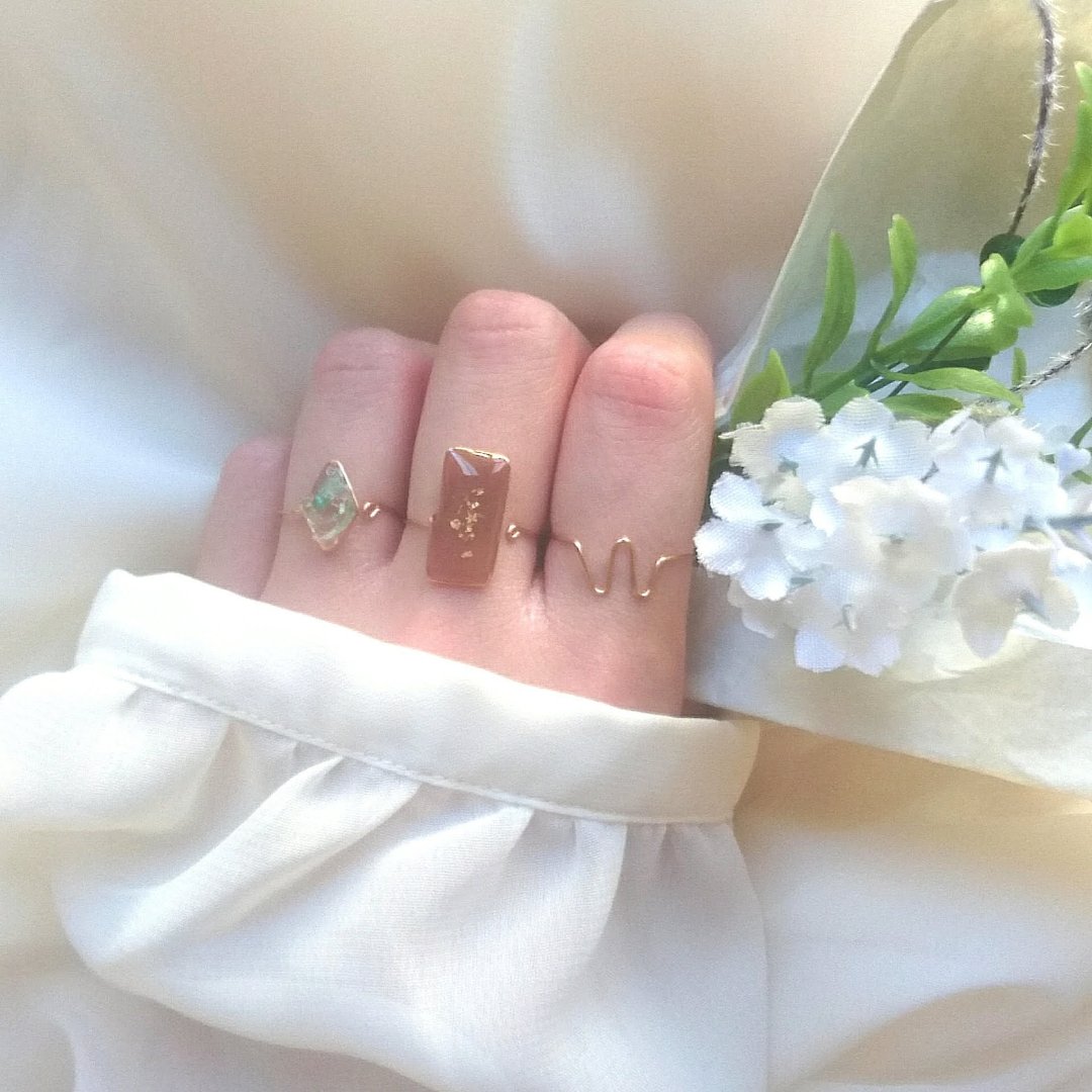 3-piece set Natural stone simple wire ring set NO.01 (Green Aventurine, one size fits all) - 戒指 - 石头 绿色