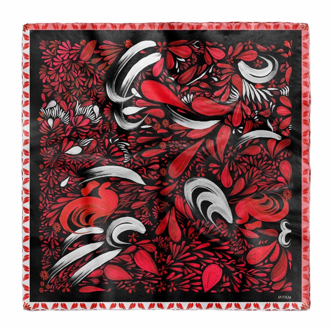 Silk satin scarf - Cham Tra Kai On Black - 丝巾 - 其他材质 黑色