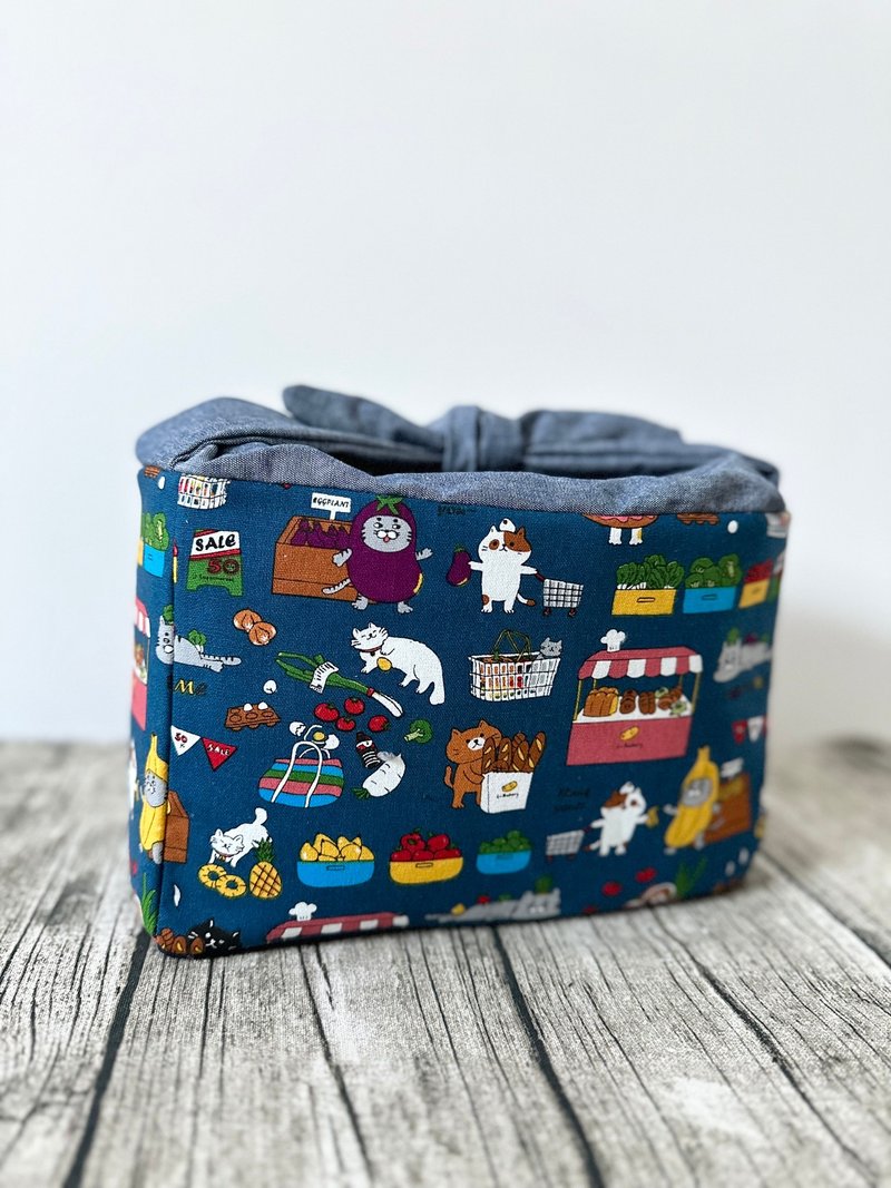 原创手工缝制午餐包便当袋 和风可爱猫猫图案 日式蝴蝶结绑带 - 手提包/手提袋 - 棉．麻 多色