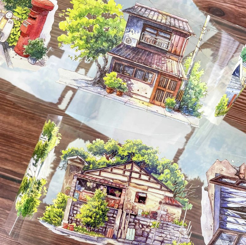 旷野池林 盛夏時節的日式街道 水彩風景畫 PET 和紙膠帶 - 纸胶带 - 其他材质 多色
