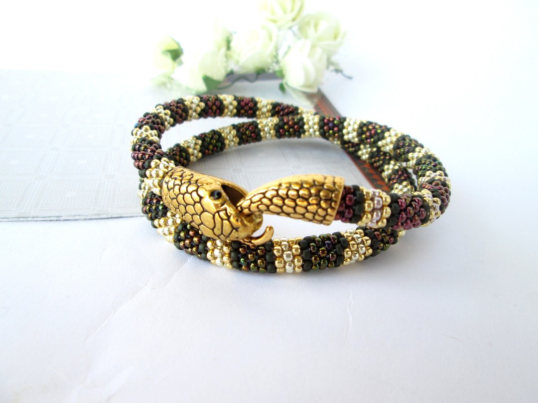 Snake striped bracelet Ouroboros jewelry for her Witch bracelet for wife Snakesk - 手链/手环 - 其他材质 金色