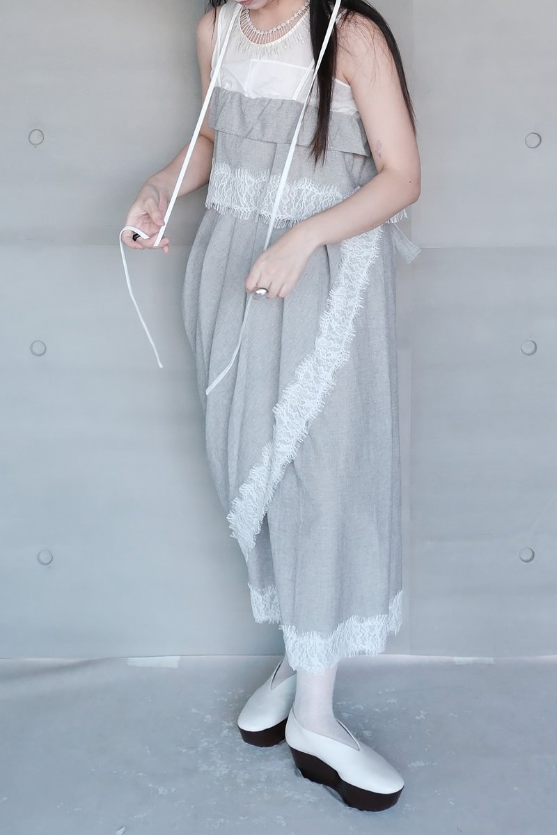 棉和纸抓皱蕾丝围裹裙 - 裙子 - 棉．麻 