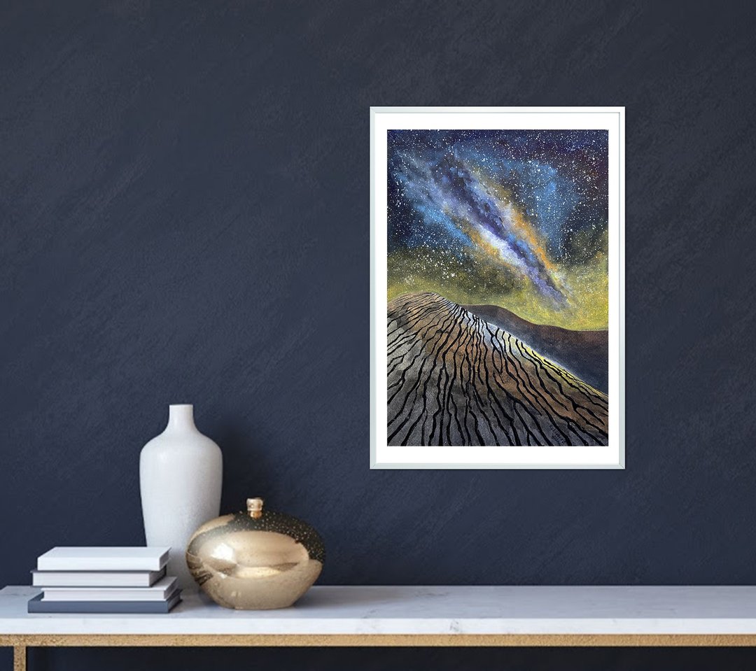 Desert painting Celestial Original art Night sky watercolor Black paper artwork - 海报/装饰画/版画 - 纸 多色