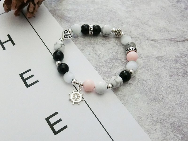 恋情指南银手链-手作天然石串珠粉白黑色系-玥．unicorn-天然石 925纯银 藏银 - 手链/手环 - 宝石 粉红色