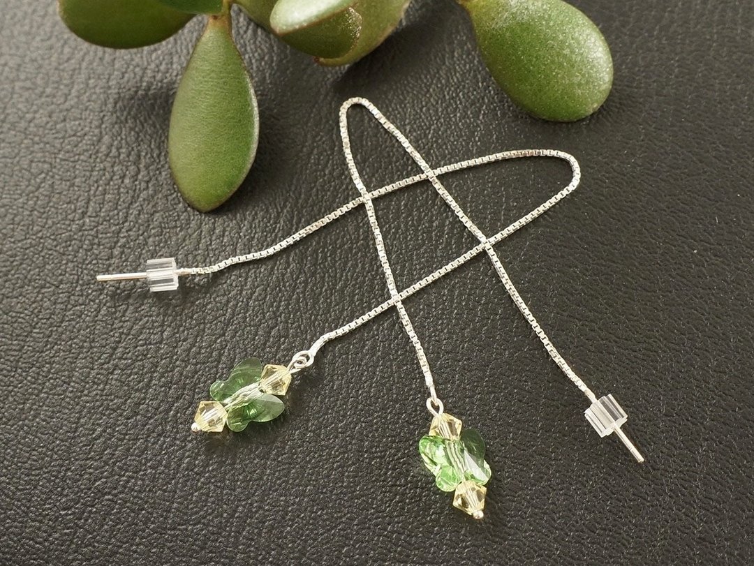 Mint Green Butterfly Swarovski Crystal Ear Threaders Long Chain Earrings Jewelry - 耳环/耳夹 - 水晶 绿色