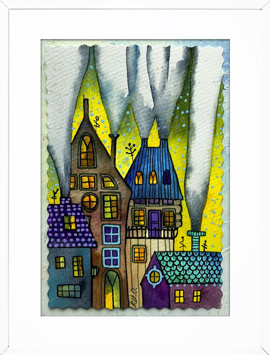 Painting of houses Yellow Original watercolor card Mini artwork Miniature art - 海报/装饰画/版画 - 纸 黄色