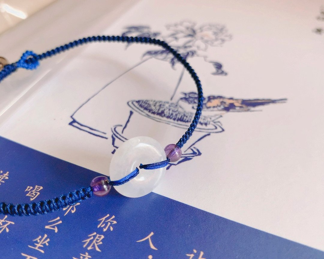 售完欣赏 慢煮生活。翡翠平安扣编织紫水晶手绳 复古文艺纳福手链 - 手链/手环 - 玉石 蓝色