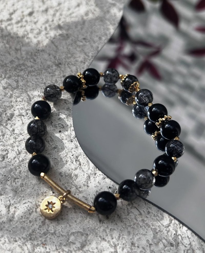 黑发晶 彩眼 黑曜石 水晶 手链 手链 静影流光 辟邪 防小人 礼物 - 手链/手环 - 水晶 黑色