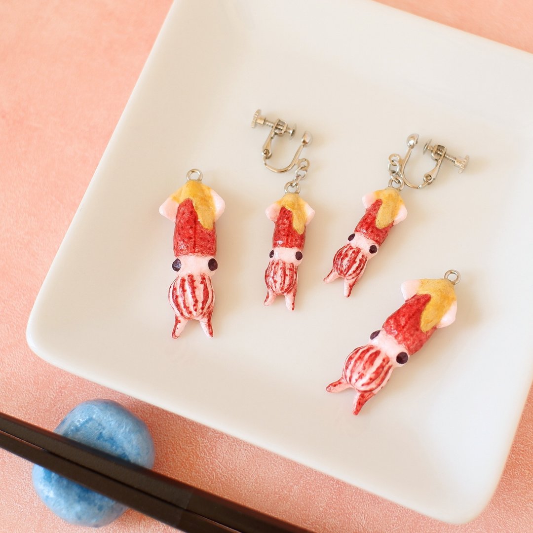 和纸饰品 耳夹/耳针 萤乌贼醋味噌拌 乌贼 日本小菜 食物主题 - 耳环/耳夹 - 其他材质 粉红色