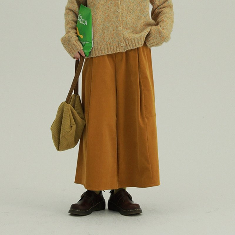 3顔色 灯芯绒九分裤 日系中性休闲百搭長褲 基礎款鬆緊腰寬褲 M-L - 女装长裤 - 棉．麻 黄色