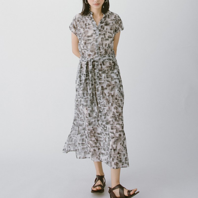 长版下摆开衩洋装 - 黑白印花 - 洋装/连衣裙 - 棉．麻 灰色