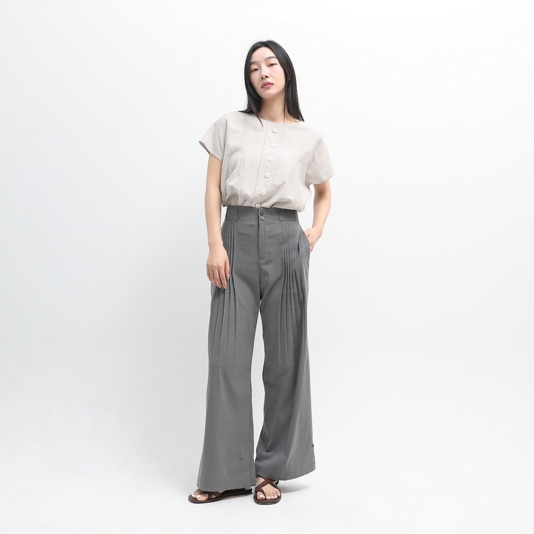 Zheli_哲理褶子缩口裤_24SF202_灰 - 女装长裤 - 聚酯纤维 灰色